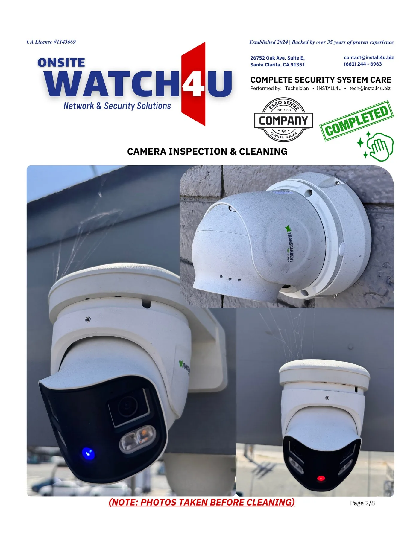 Sample Watch4U Report — page 2: camera inspection and cleaning photos