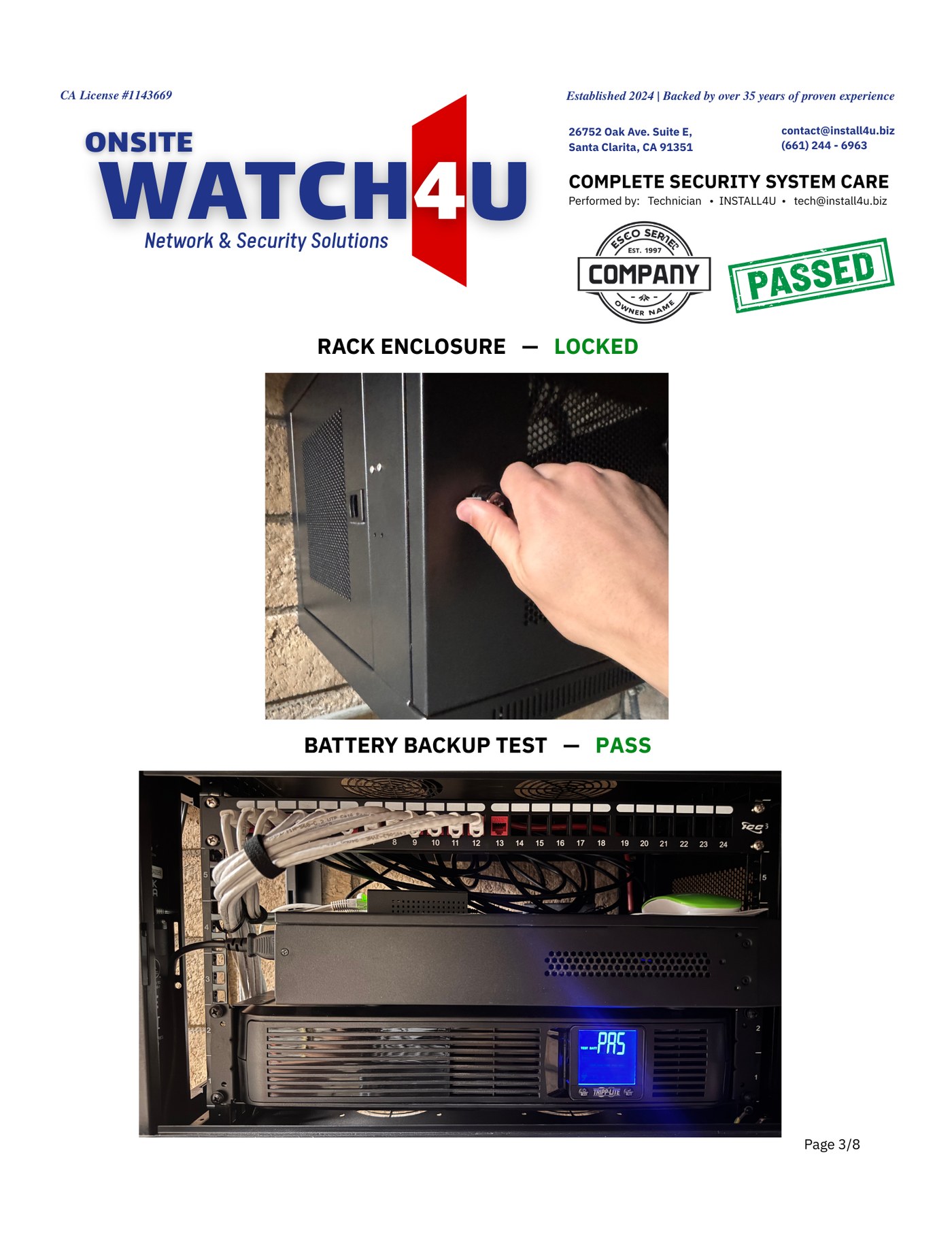 Sample Watch4U Report — page 3: rack enclosure locked and battery backup test pass