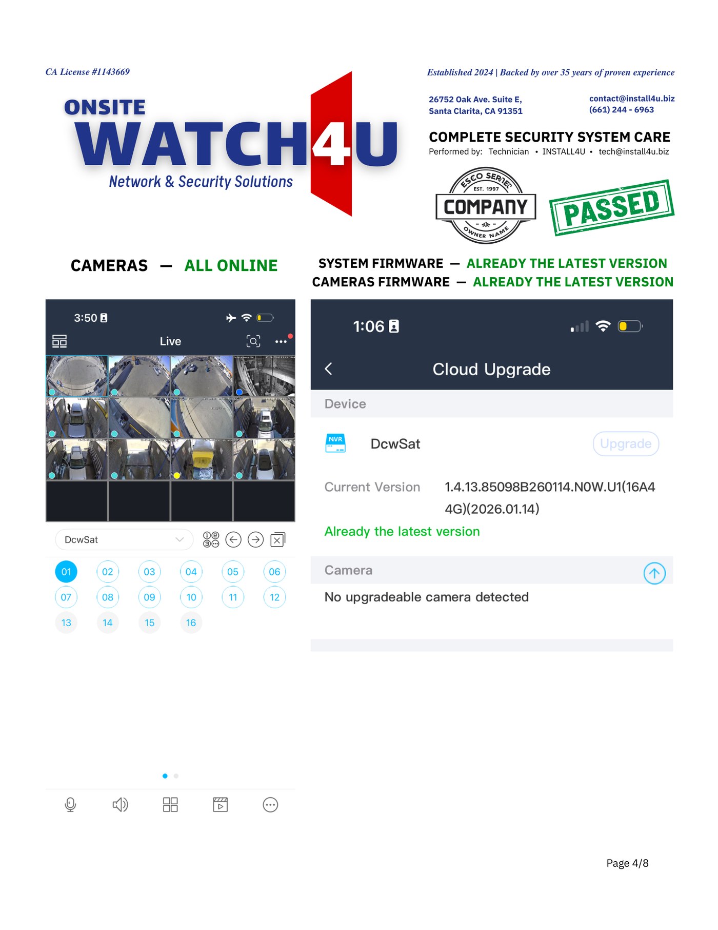 Sample Watch4U Report — page 4: all cameras online and firmware up to date