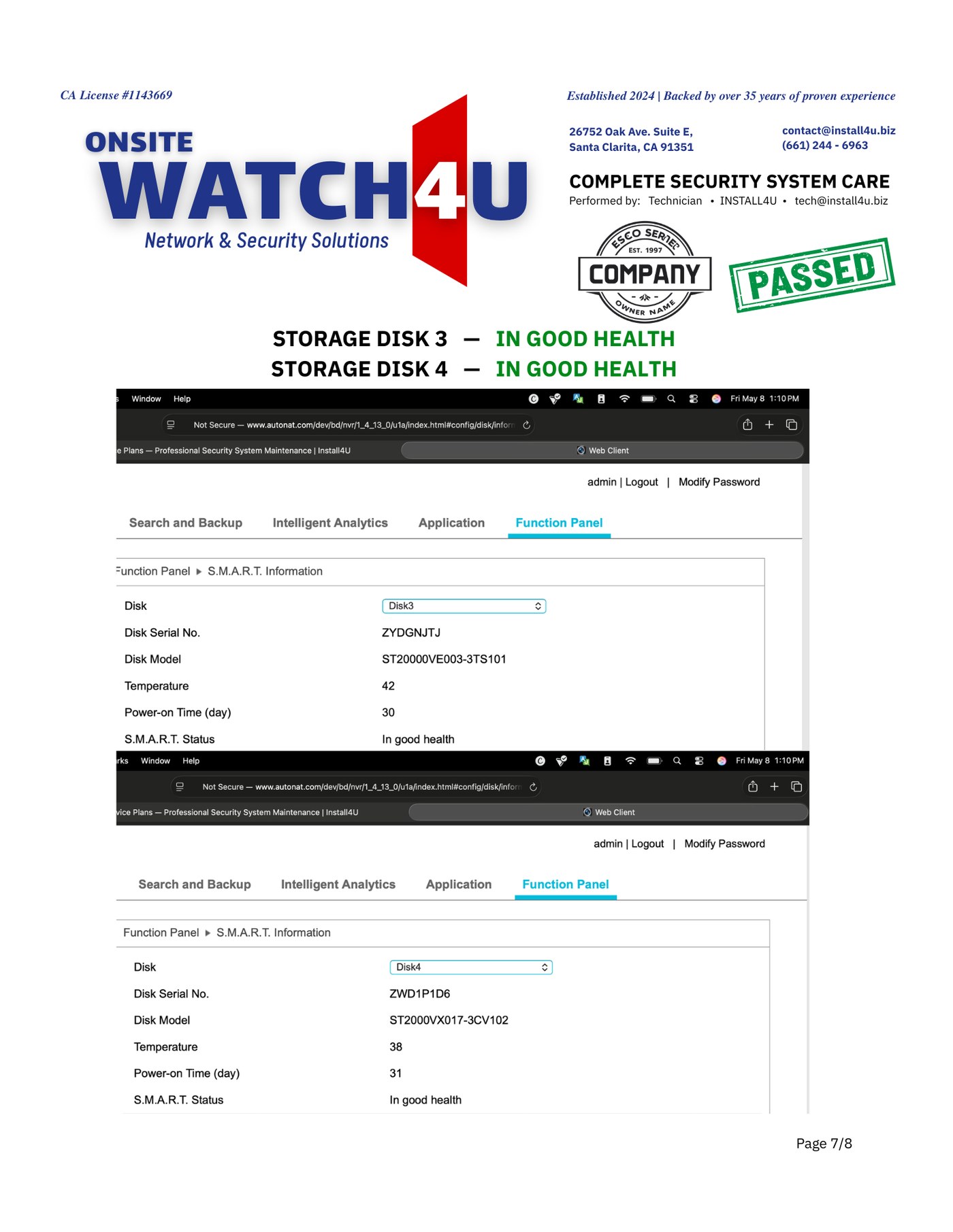 Sample Watch4U Report — page 7: storage disks 3 and 4 S.M.A.R.T. health data