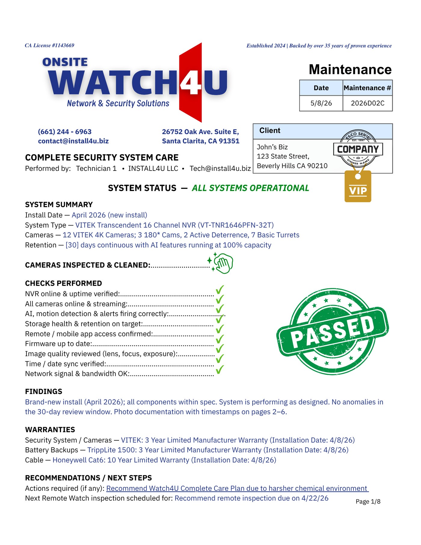 Sample Watch4U Complete Care Report — page 1 of 8